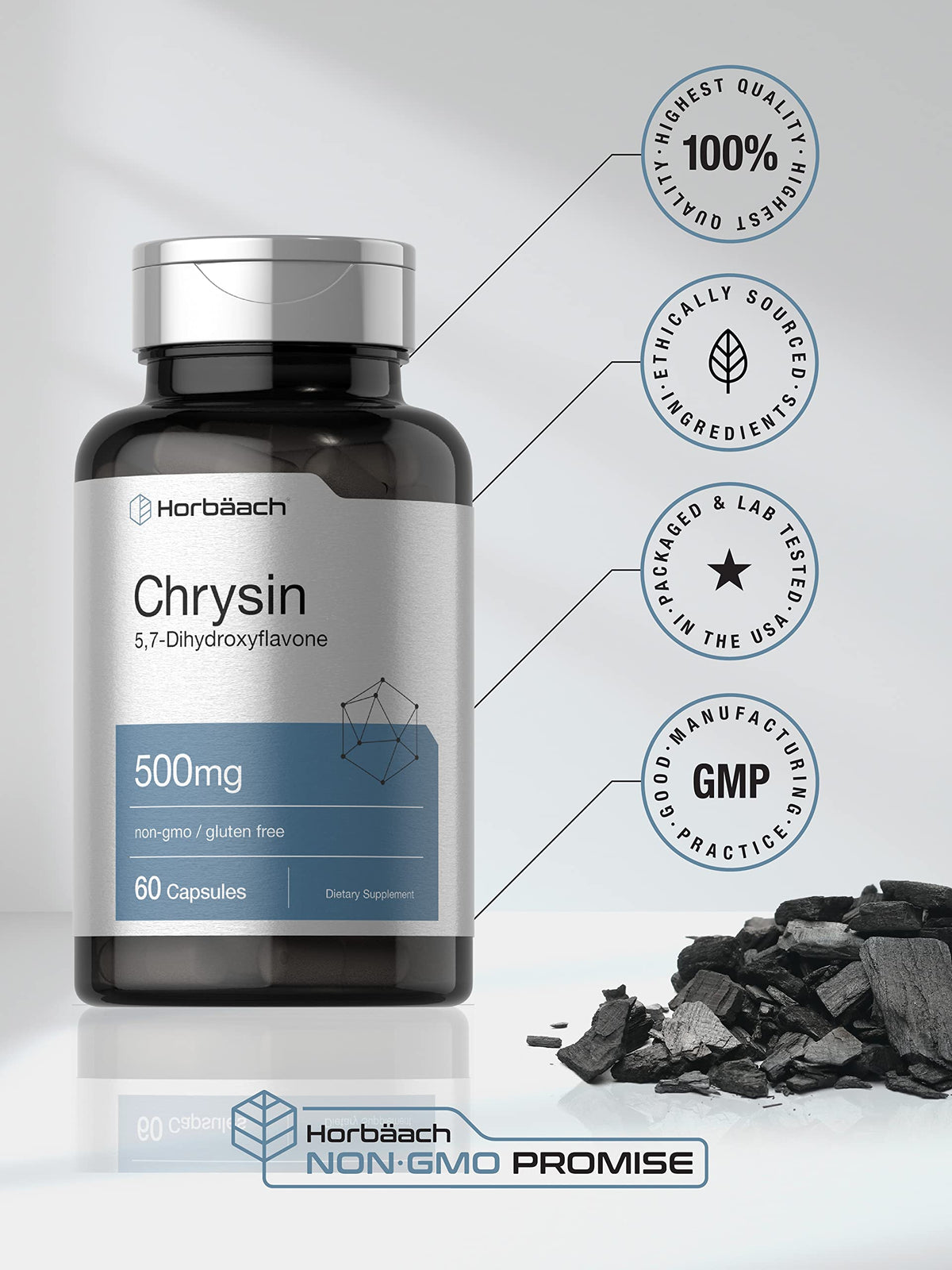 Horbäach Chrysin 60 capsules avec étiquette détaillée