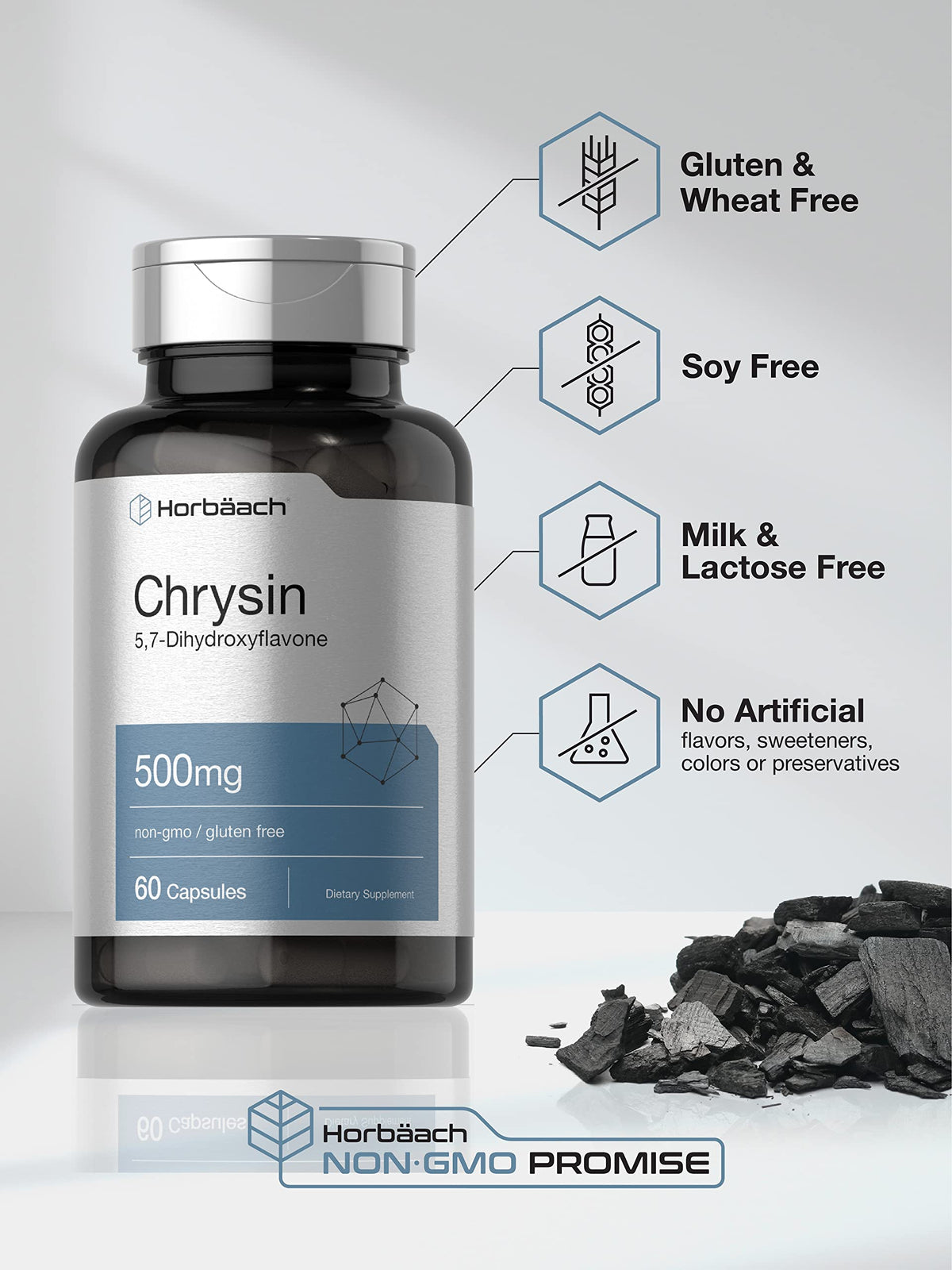 Horbäach Chrysin capsules sur une table en bois