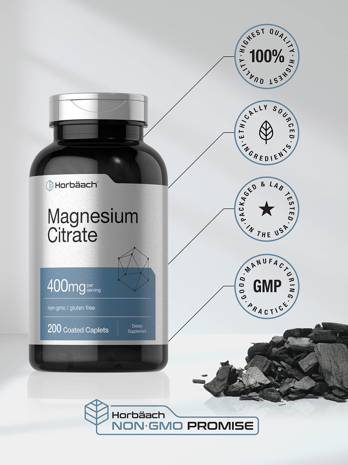 Horbäach Citrate de Magnésium 400mg, ingrédients listés sur l'étiquette