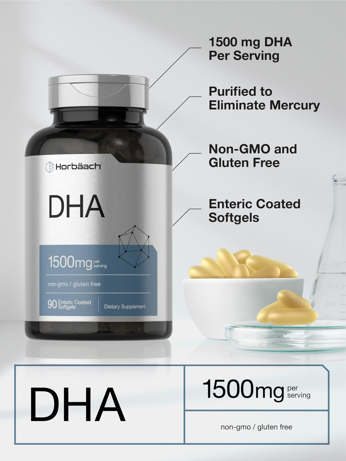 Horbäach Complément DHA 1500mg gélules avec une bouteille à côté