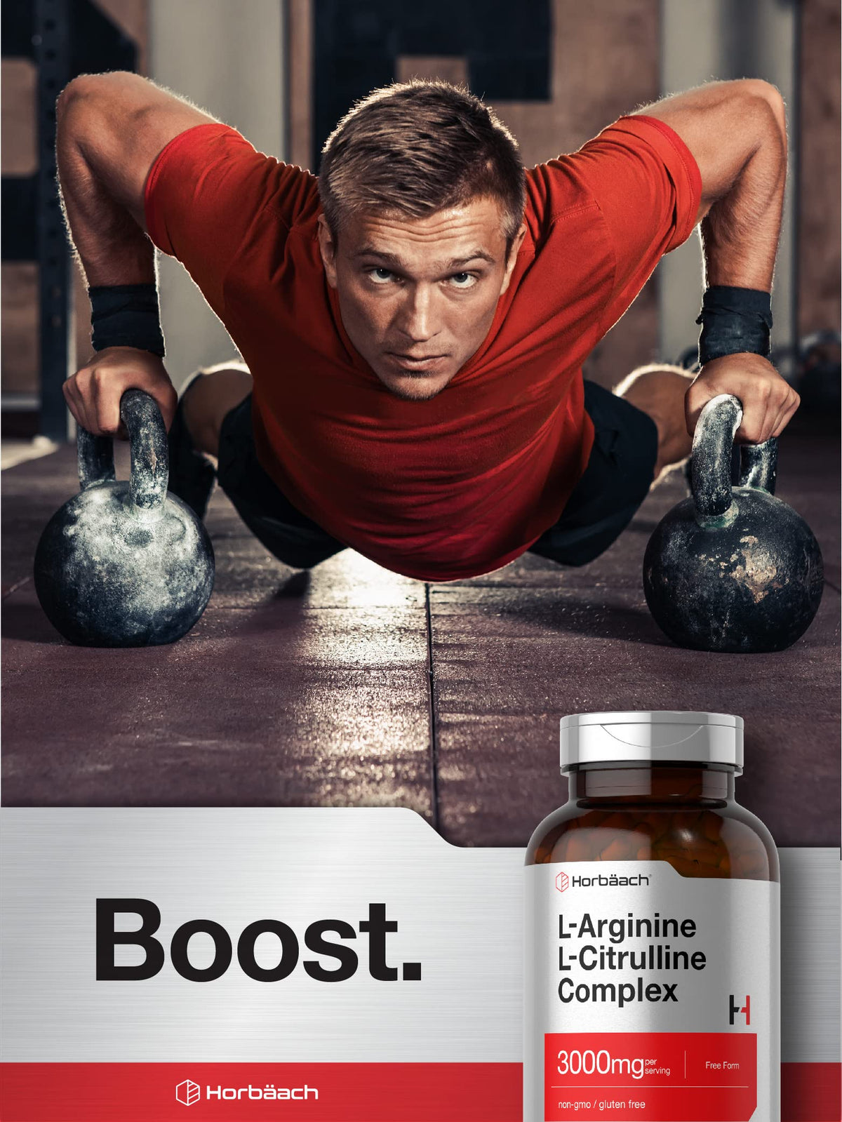 Horbäach Complex L-Arginine L-Citrulline 3000mg bottle on a wooden table