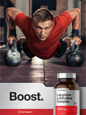Horbäach Complex L-Arginine L-Citrulline 3000mg bottle on a wooden table