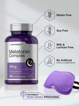 Horbäach Complexe de Mélatonine 40mg avec ingrédients naturels en arrière-plan