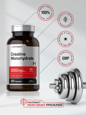 Horbäach Créatine Monohydrate 5g 225 Capsules avec ingrédients sur une table