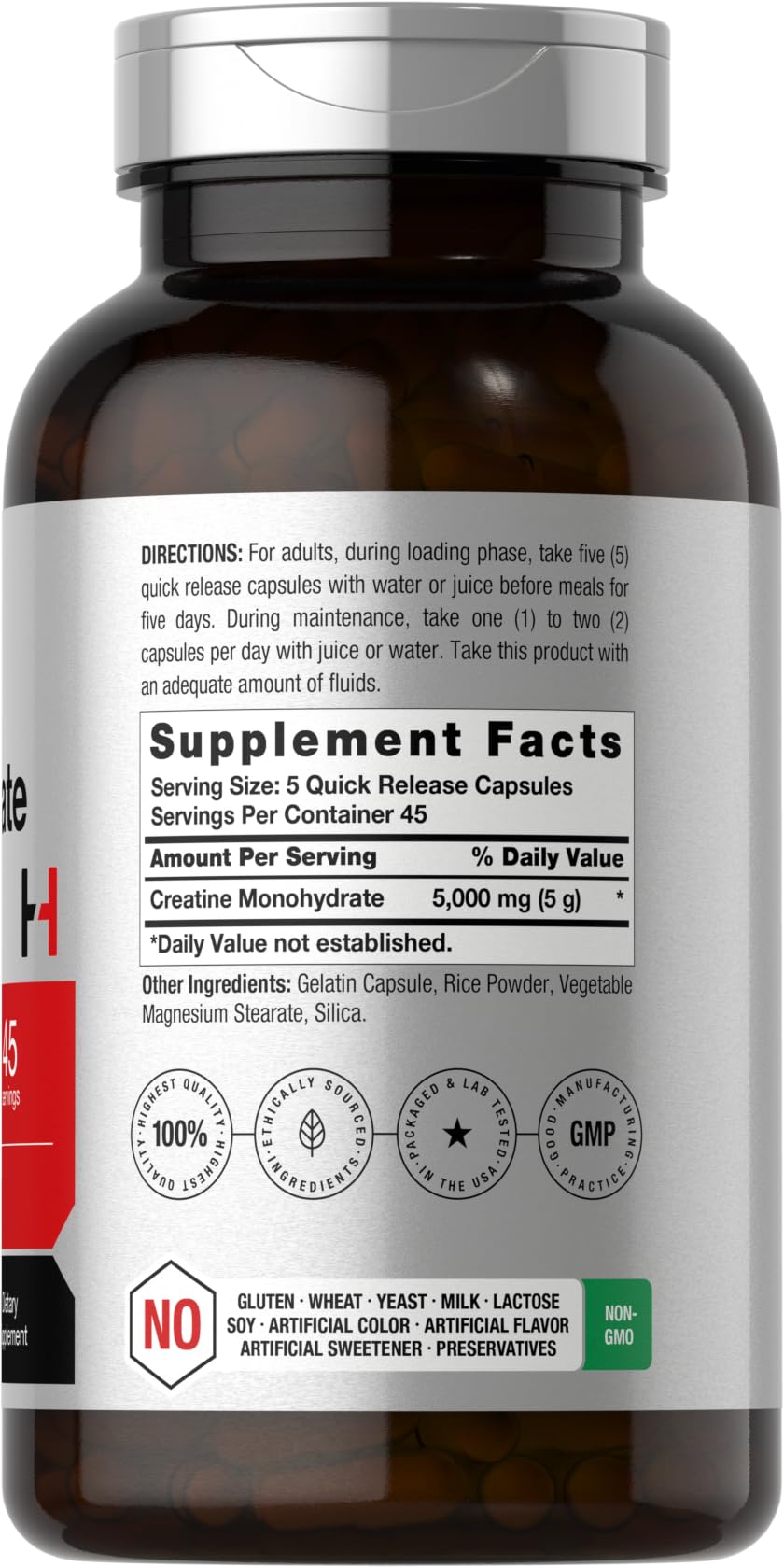 Horbäach Créatine Monohydrate 5g 225 Capsules côté avec étiquette