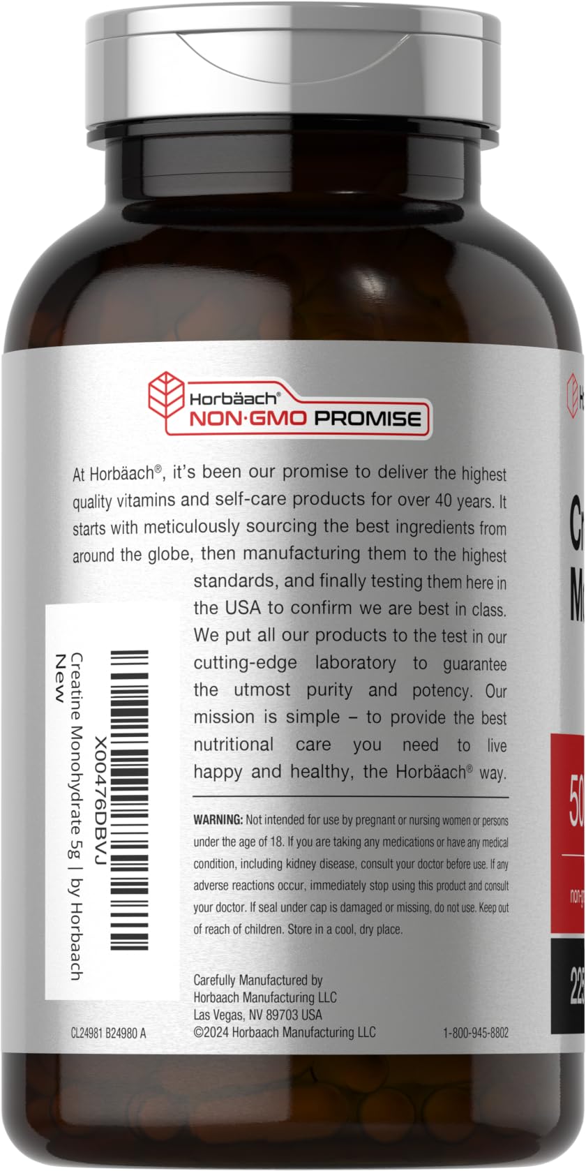 Horbäach Créatine Monohydrate 5g 225 Capsules ouverte avec capsules visibles
