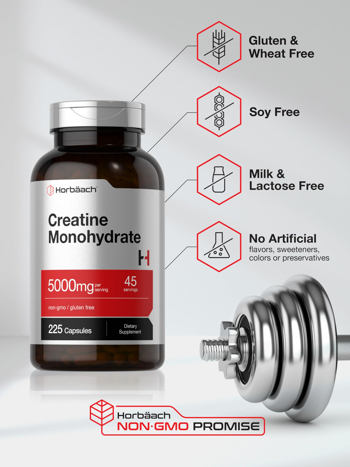 Horbäach Créatine Monohydrate 5g 225 Capsules prise avec un verre d'eau