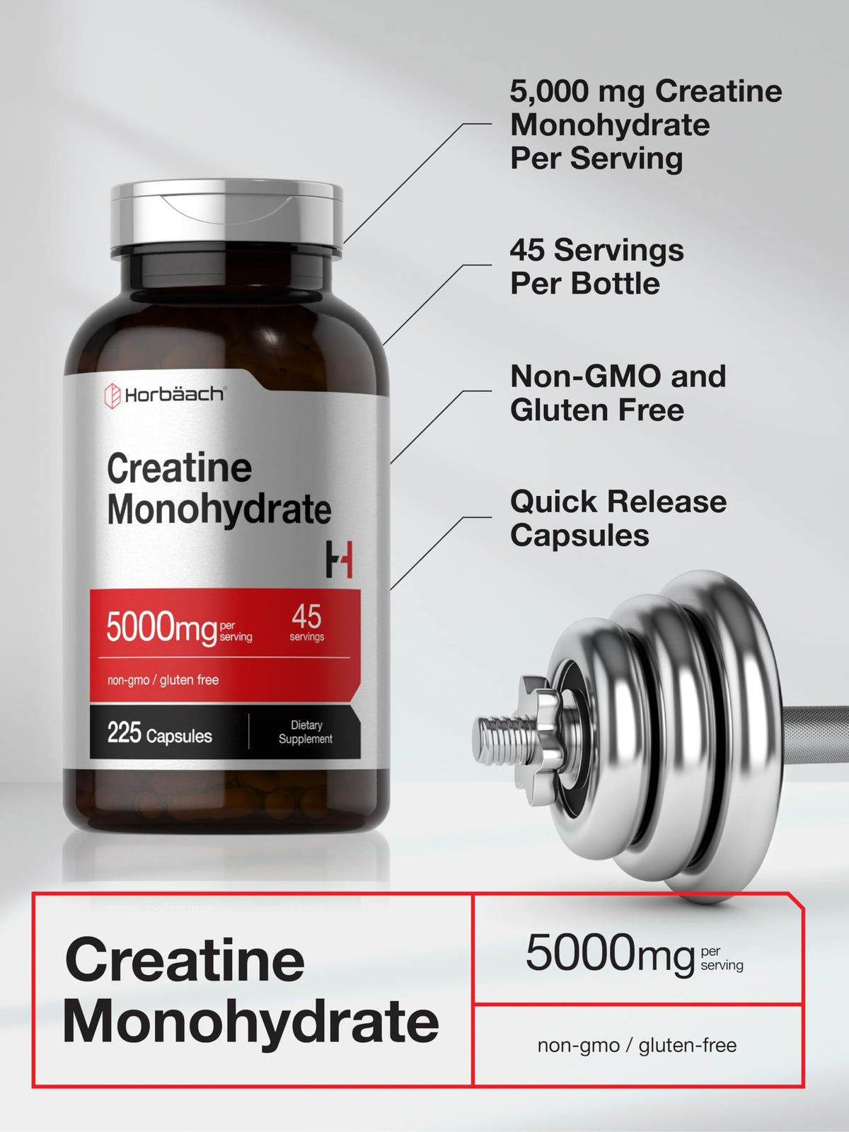 Horbäach Créatine Monohydrate 5g 225 Capsules sur une table