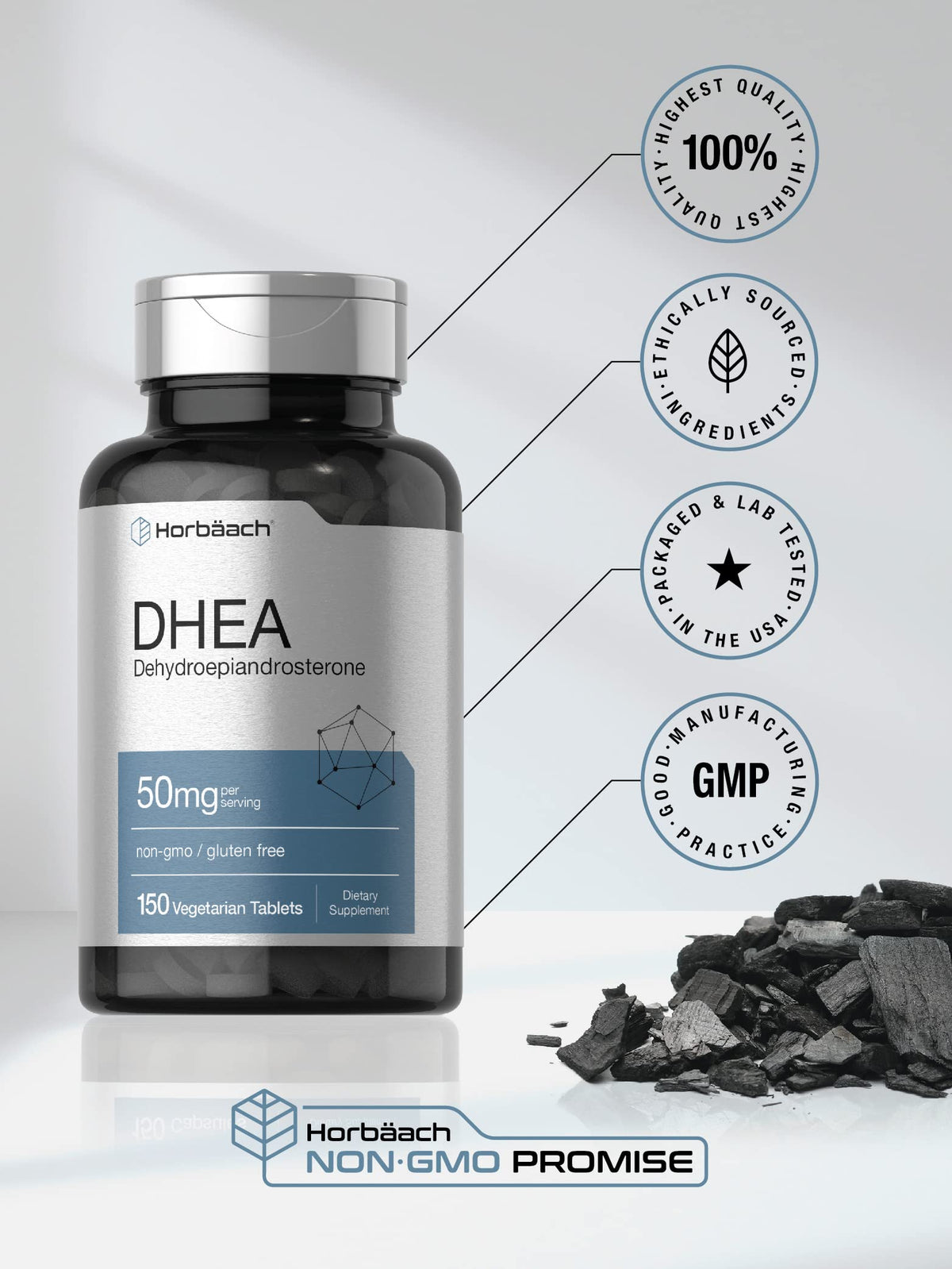 Horbäach DHEA 50mg 150 comprimés avec des comprimés en vue rapprochée