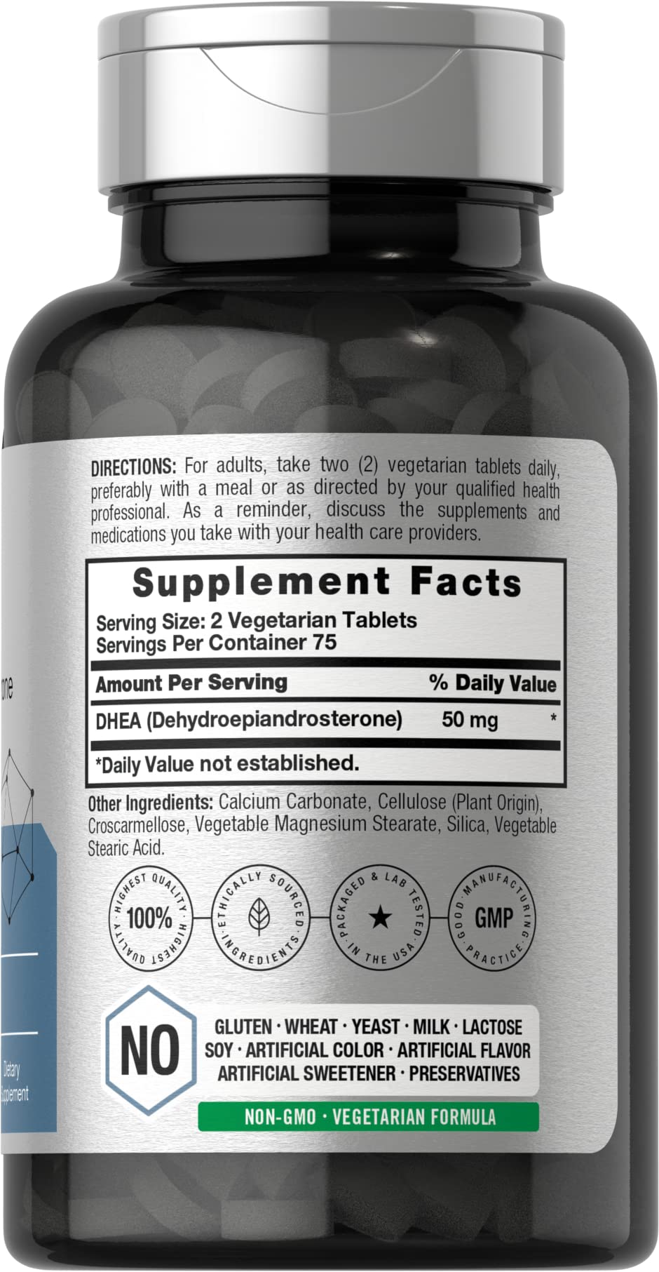 Horbäach DHEA 50mg comprimés sur une table avec des accessoires