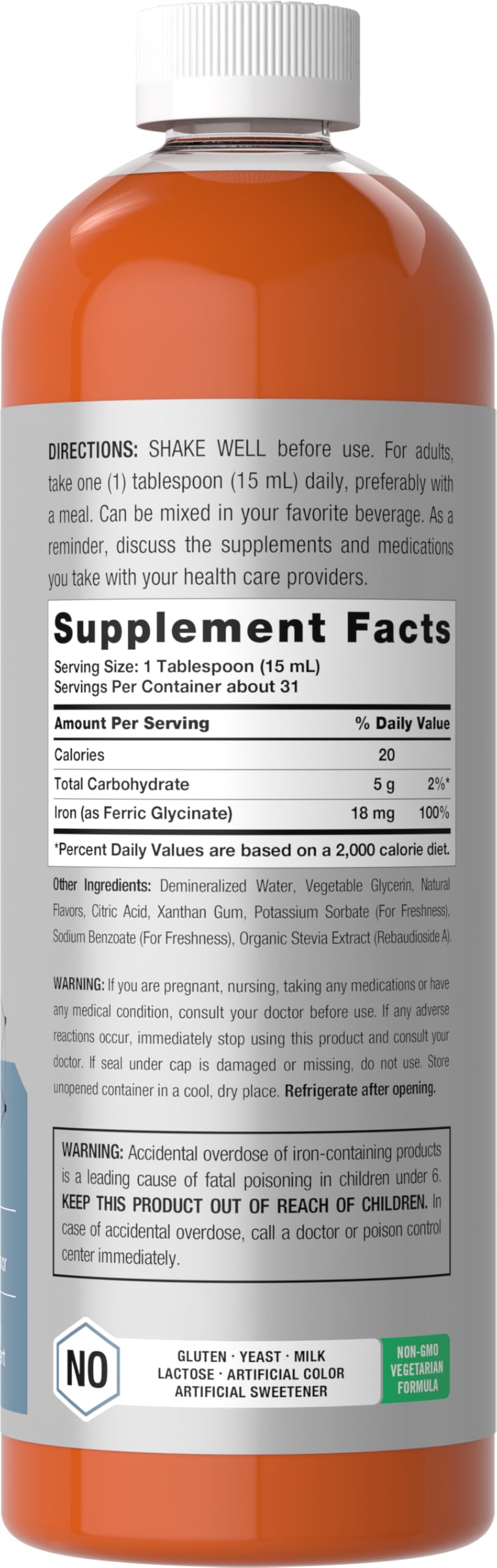 Horbäach Fer Liquide 16 fl oz étiquette avec informations nutritionnelles