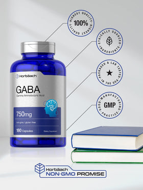 Horbäach GABA 750mg capsules en poudre, sur une table en bois