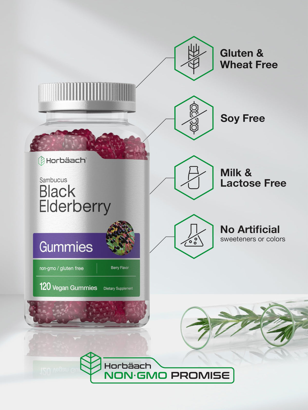 Horbäach Gélules de Sureau Noir, gummies à côté d'un verre d'eau