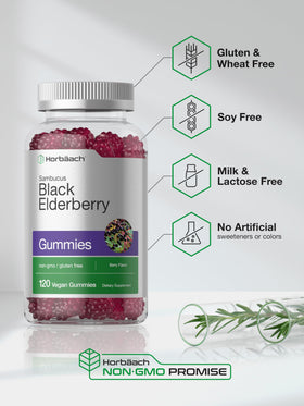 Horbäach Gélules de Sureau Noir, gummies à côté d'un verre d'eau