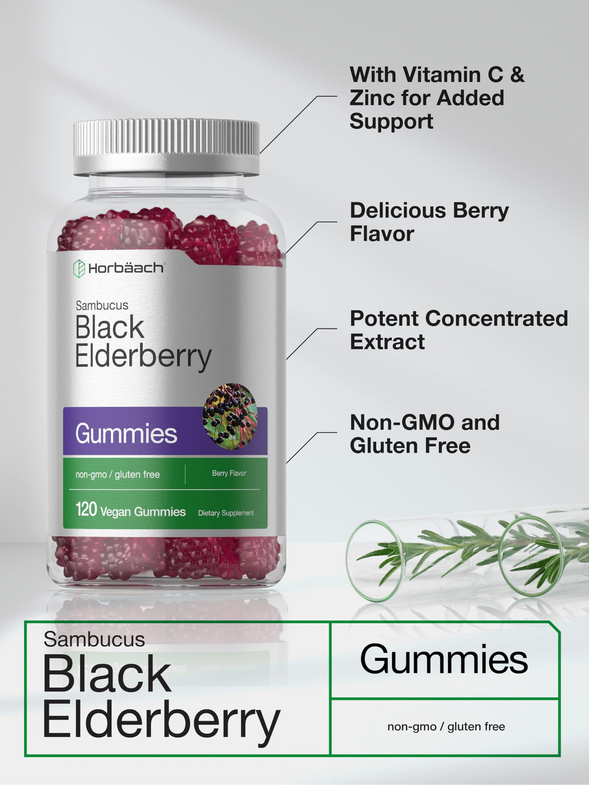Horbäach Gélules de Sureau Noir, gummies sur une table en bois