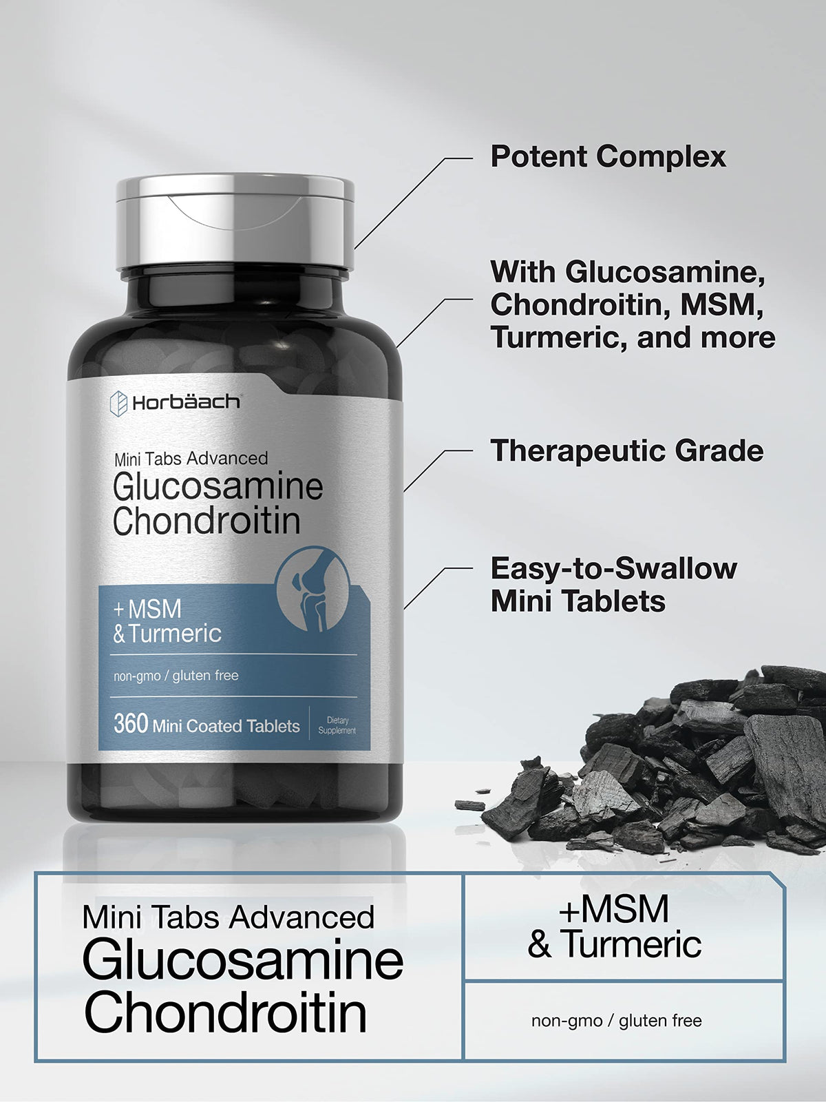 Horbäach Glucosamine Chondroitin MSM Curcuma comprimés sur une table
