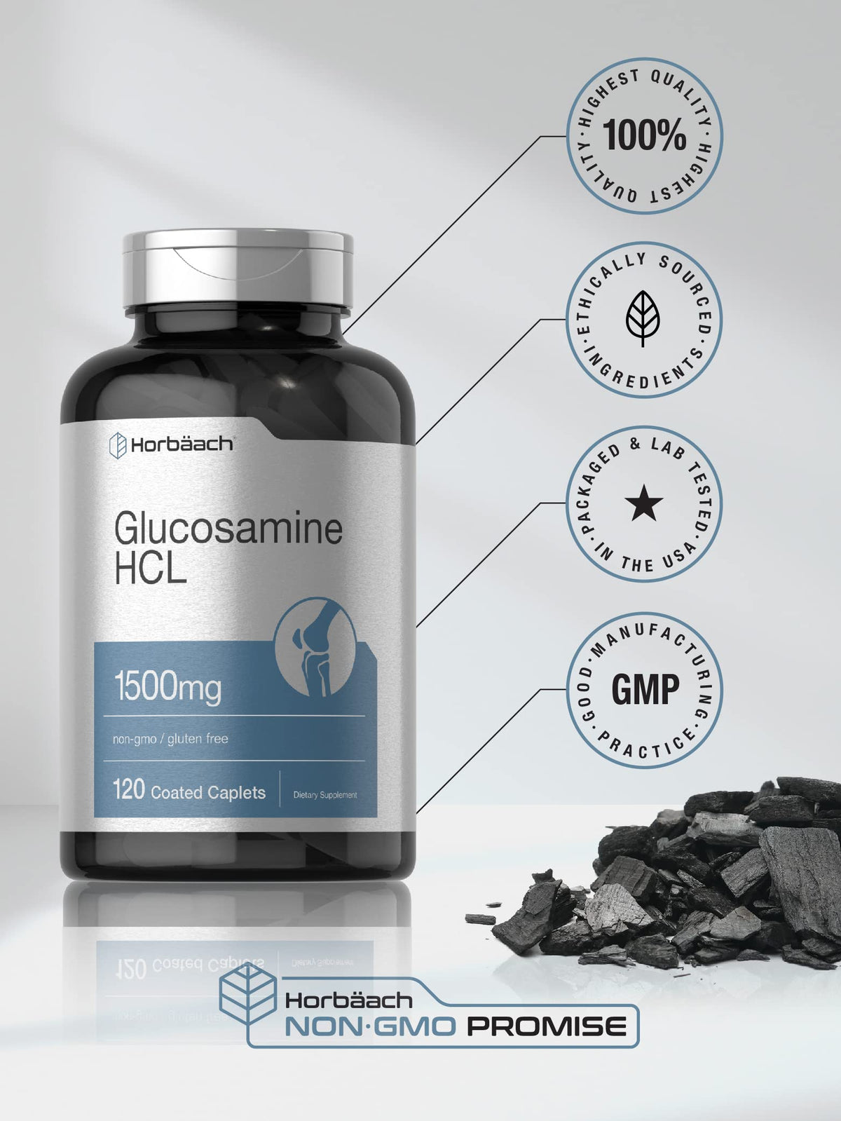 Horbäach Glucosamine HCL 1500mg comprimés sur un fond blanc
