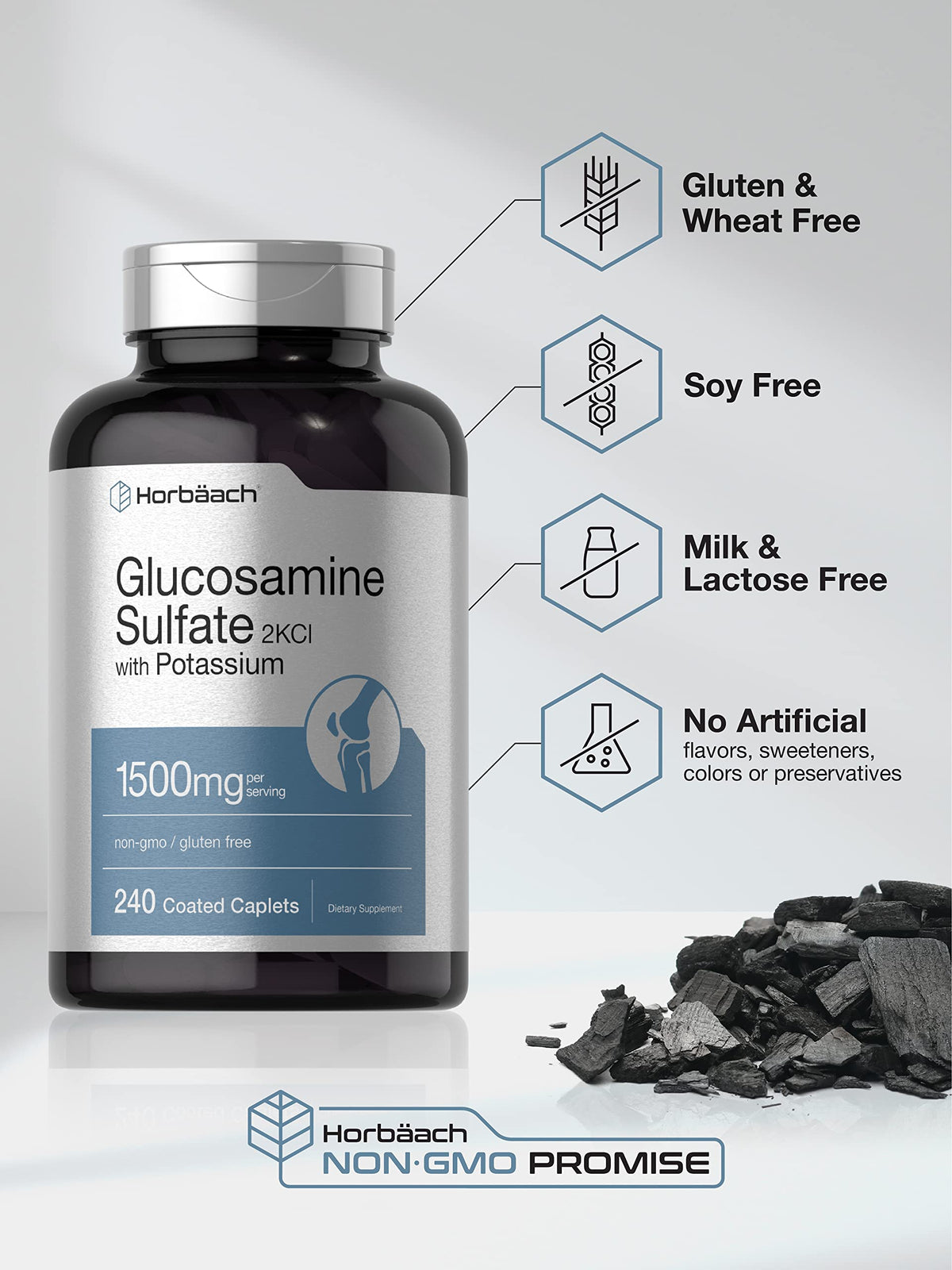 Horbäach Glucosamine Sulfate 1500mg 240 comprimés à côté d'un verre d'eau
