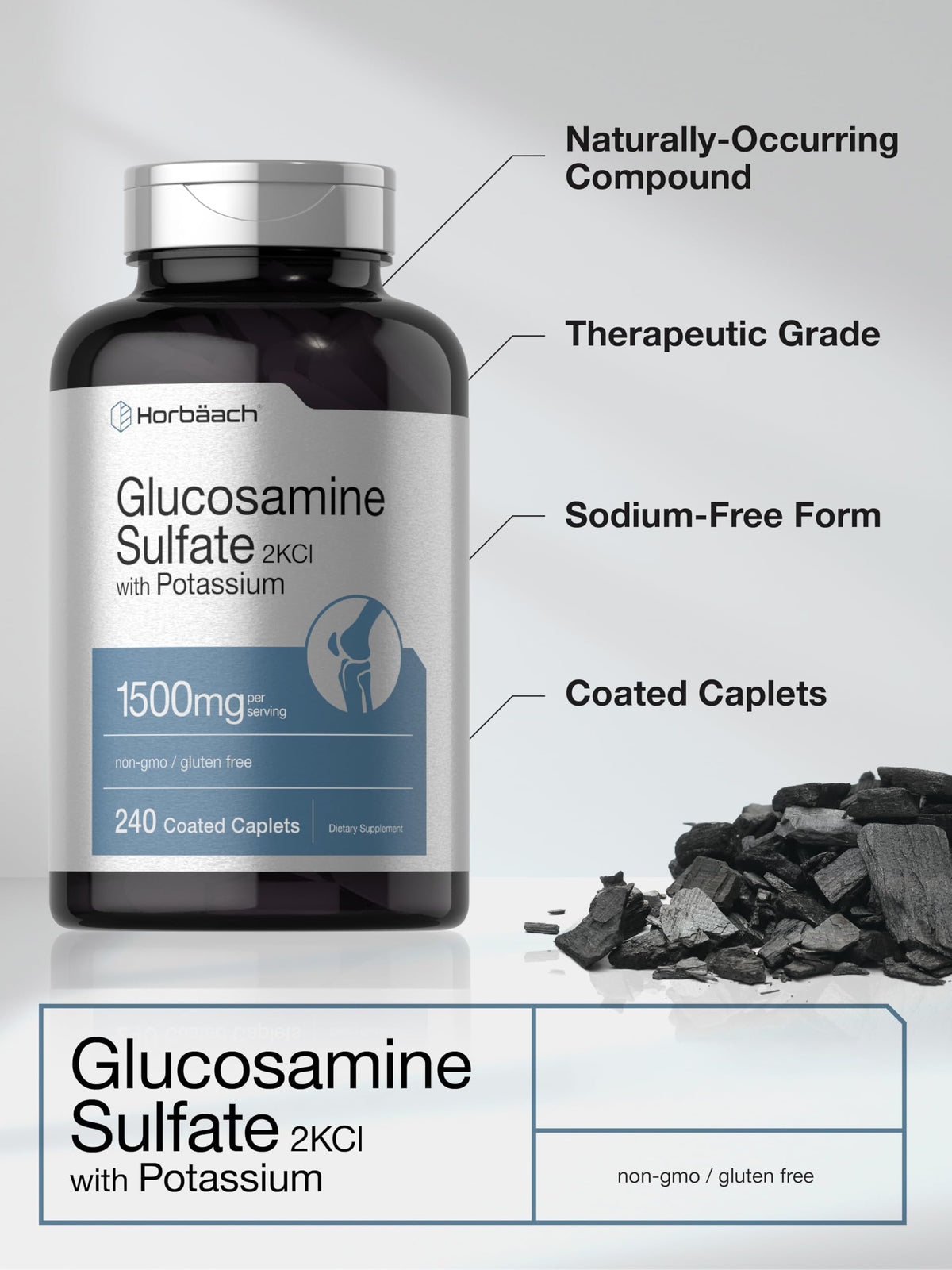 Horbäach Glucosamine Sulfate 1500mg 240 comprimés avec étiquette visible