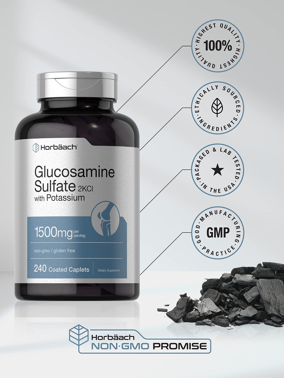 Horbäach Glucosamine Sulfate 1500mg 240 comprimés montrant la taille des comprimés