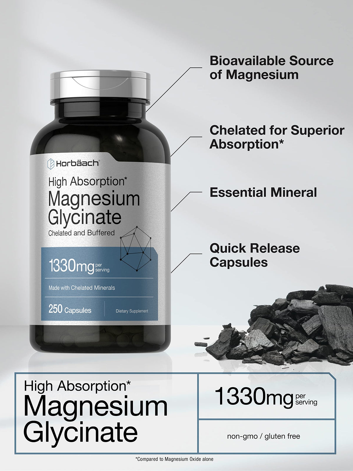 Horbäach Glycinate de Magnésium 1330mg 250 capsules sur fond blanc