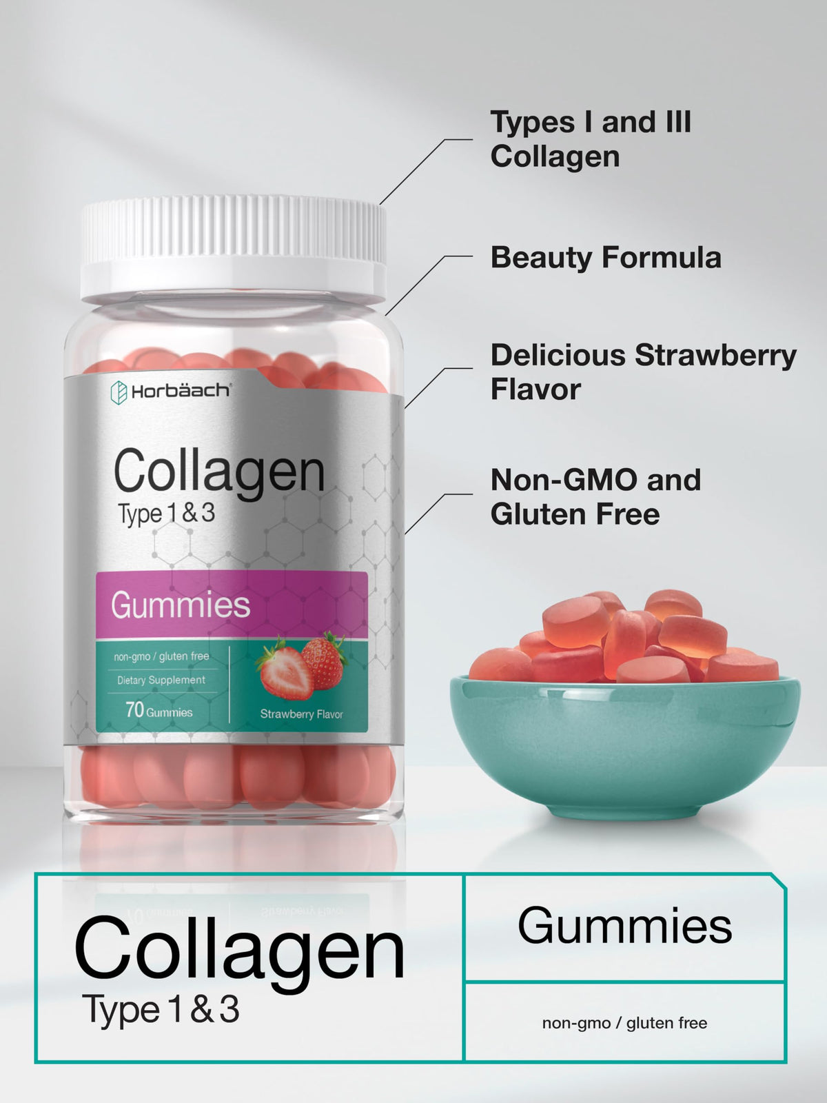 Horbäach gummies de collagène fraise sur une table en bois