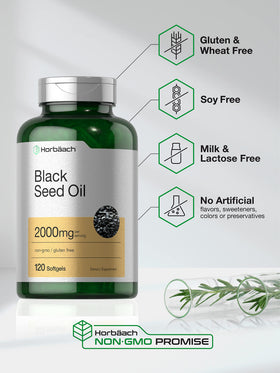 Horbäach Huile de Graines Noires 2000mg Capsules Mollles ouvertes avec gélules visibles