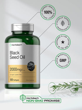 Horbäach Huile de Graines Noires 2000mg Capsules Mollles, présentation sur une table