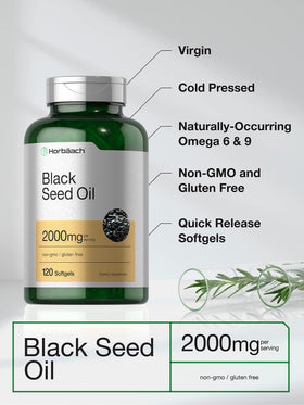 Horbäach Huile de Graines Noires 2000mg Capsules Mollles, taille et poids sur l'étiquette