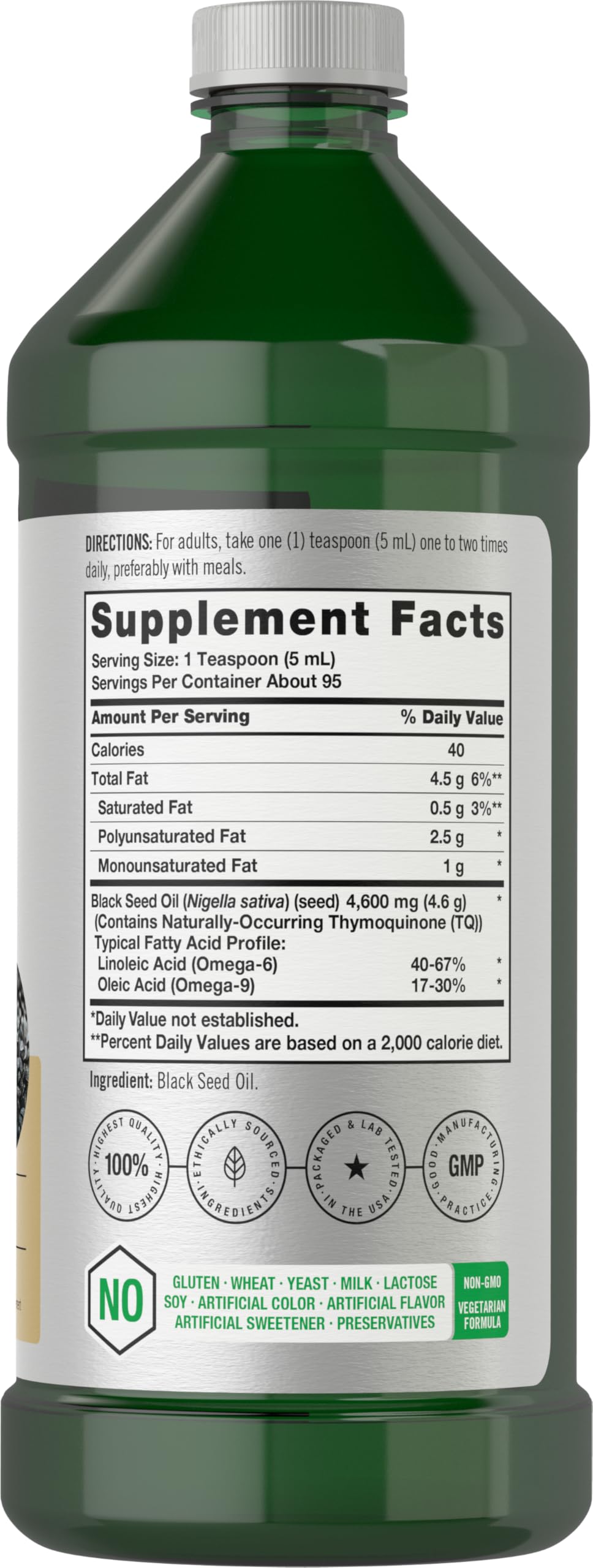 Horbäach Huile de Nigelle 16oz étiquette avec informations nutritionnelles