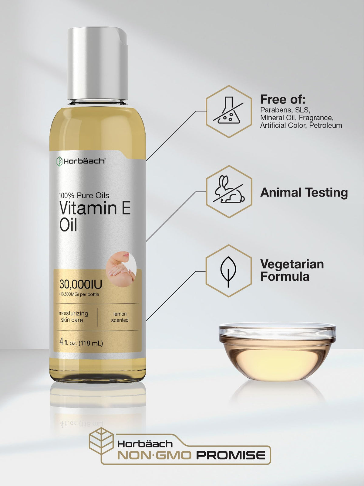 Horbäach huile de vitamine E sur fond neutre