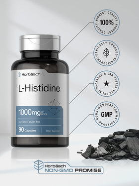 Horbäach L-Histidine 1000mg capsules on a wooden table