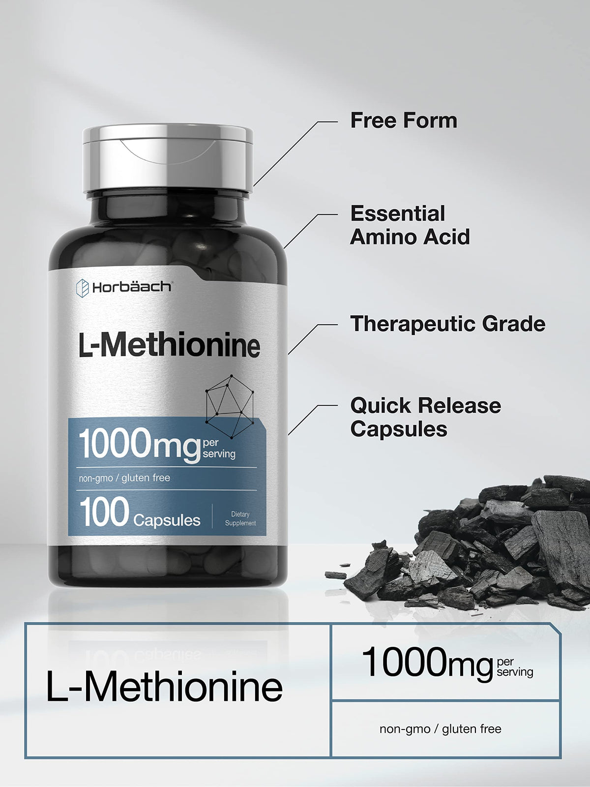 Horbäach L-Méthionine 1000mg étiquette avec informations nutritionnelles