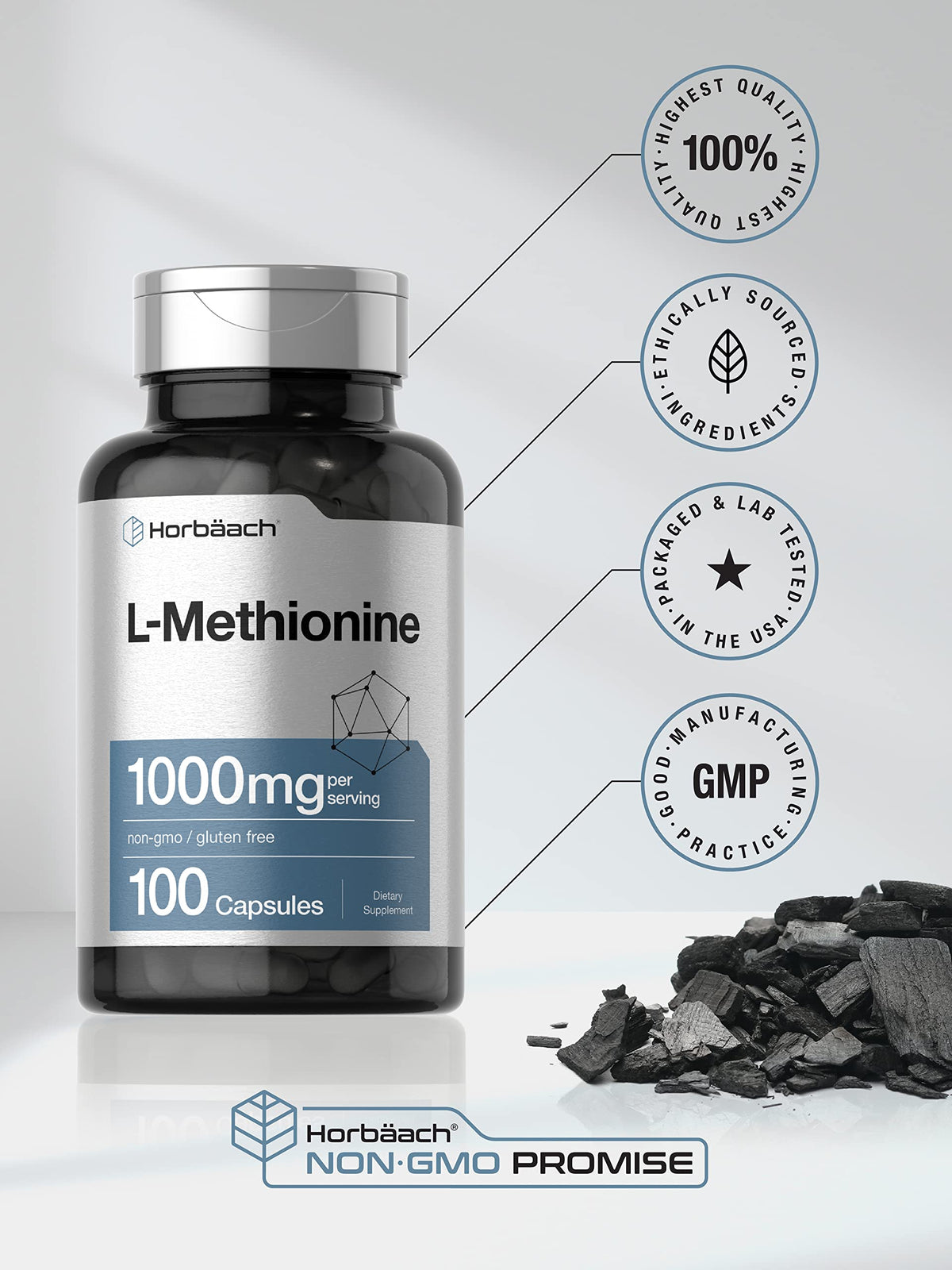 Horbäach L-Méthionine 1000mg taille des capsules dans la main