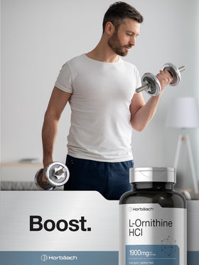 Horbäach L-Ornithine HCl capsules in a hand