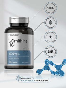 Horbäach L-Ornithine HCl capsules on a wooden surface