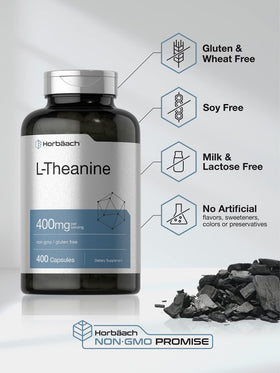 Horbäach L-Theanine 400mg capsules back view with ingredients
