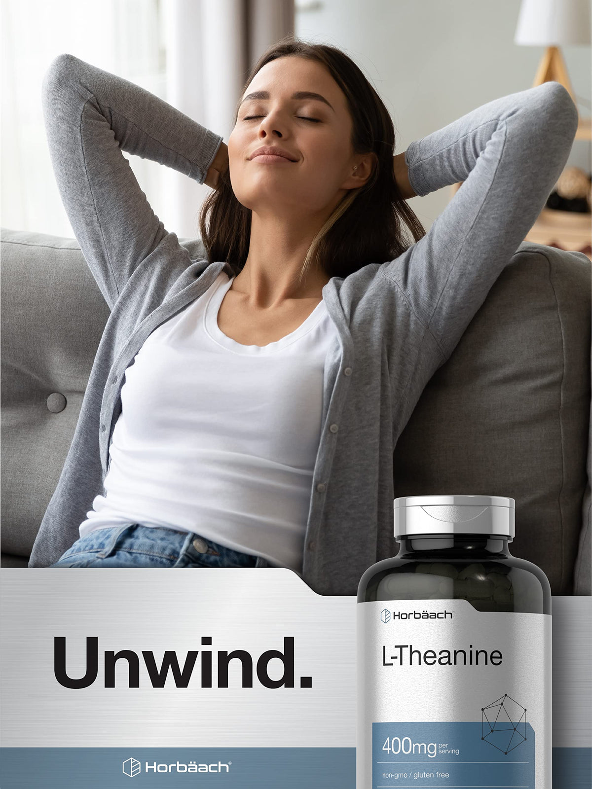 Horbäach L-Theanine 400mg capsules with green tea leaves