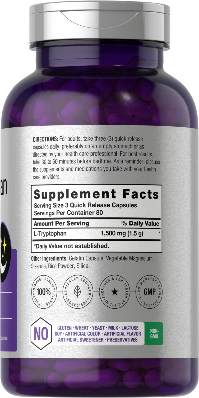 Horbäach L-Tryptophan 1500mg 240 capsules - arrière de l'emballage
