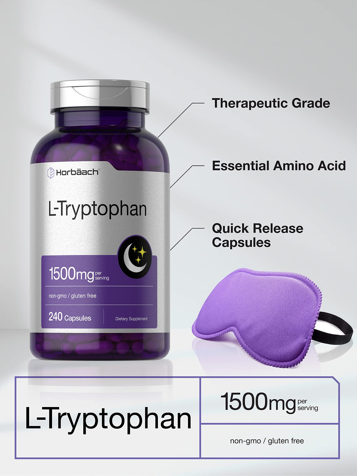 Horbäach L-Tryptophan 1500mg 240 capsules - côté de l'emballage