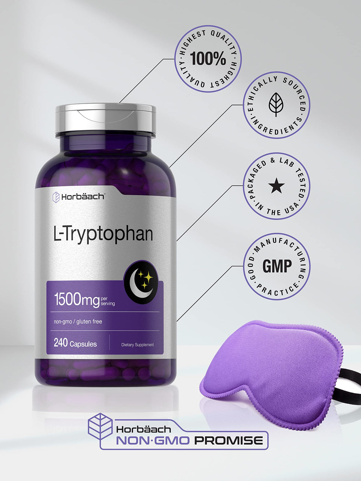 Horbäach L-Tryptophan 1500mg 240 capsules - présentation sur un fond neutre