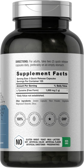 Horbäach L-Tyrosine 1000mg 250 capsules arrière avec étiquette