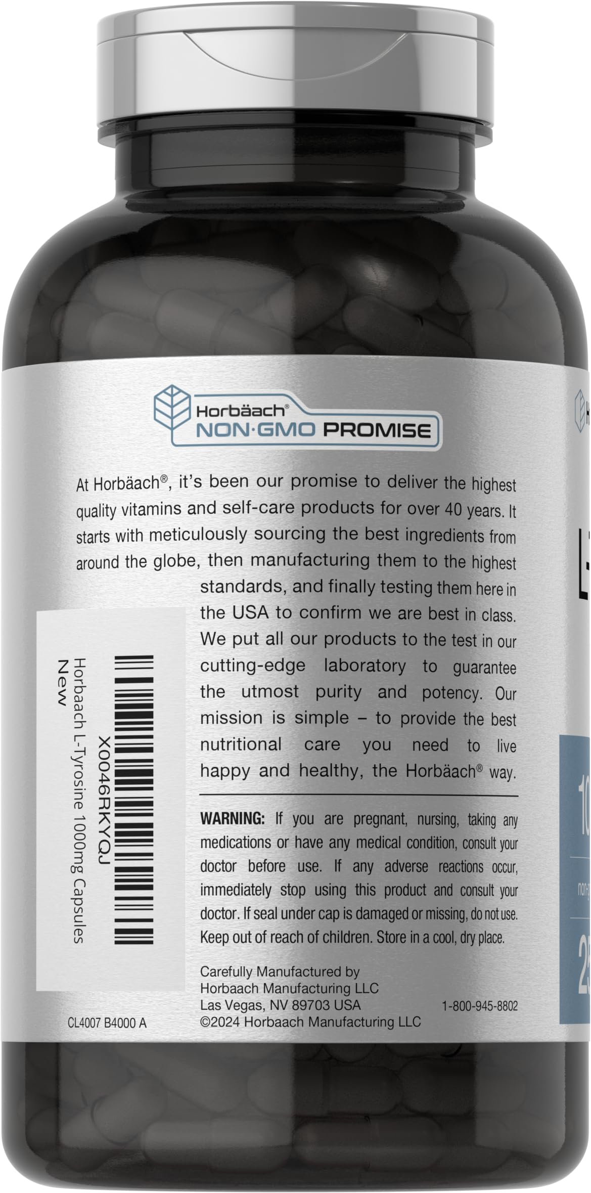 Horbäach L-Tyrosine 1000mg capsule ouverte montrant le contenu