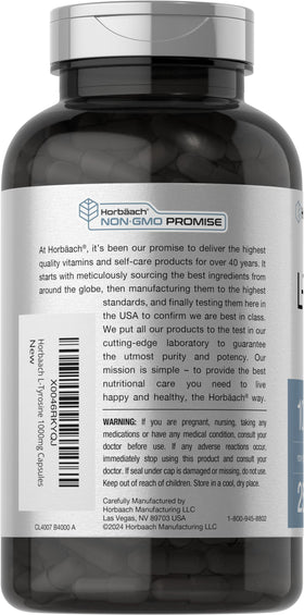 Horbäach L-Tyrosine 1000mg capsule ouverte montrant le contenu
