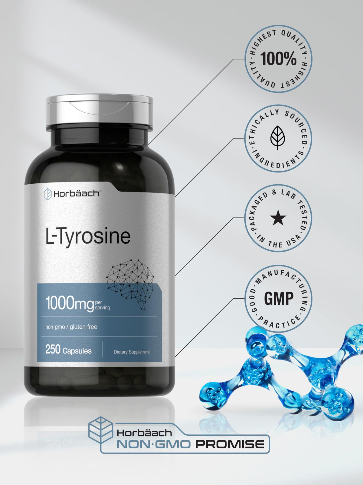 Horbäach L-Tyrosine 1000mg dans sa boîte d'origine