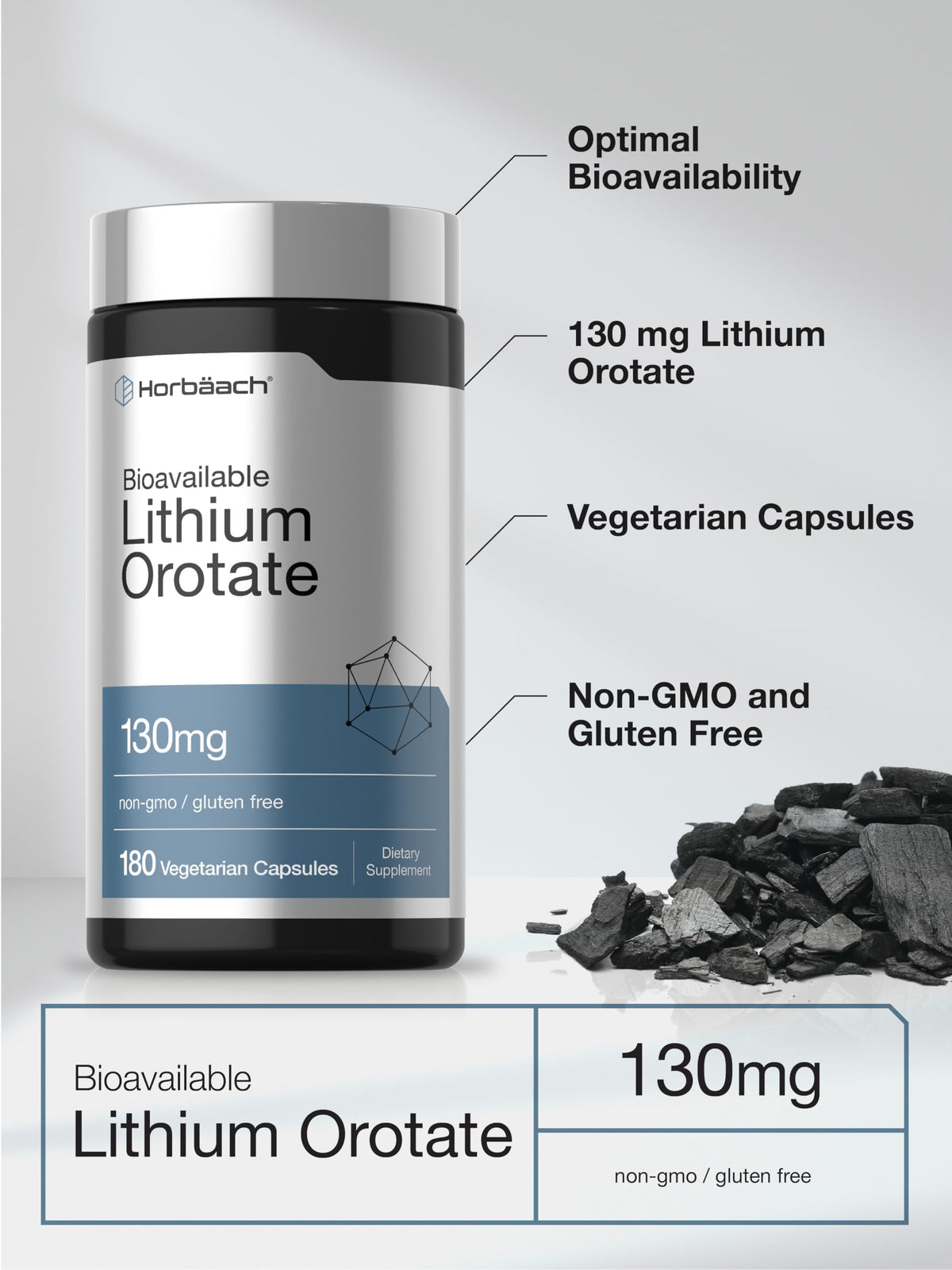 Horbäach Lithium Orotate 180 Capsules, arrière de l'emballage