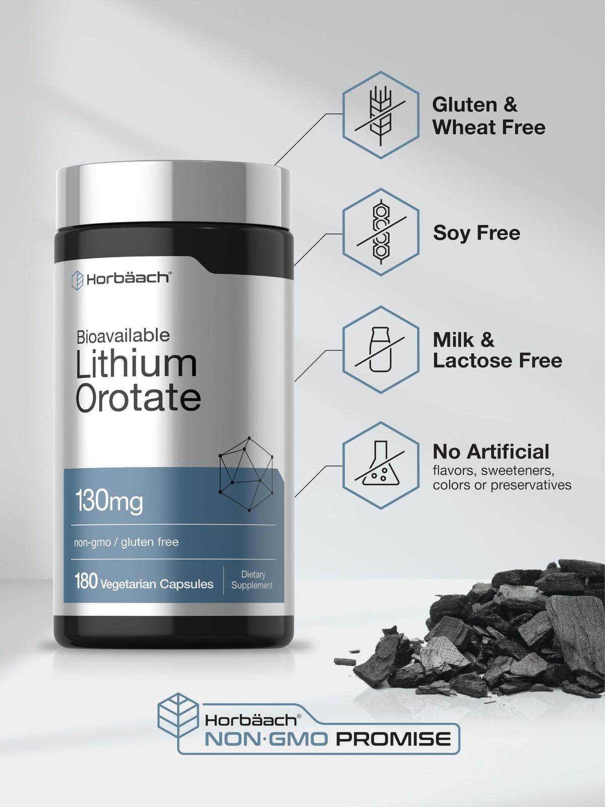 Horbäach Lithium Orotate capsules sur un fond neutre