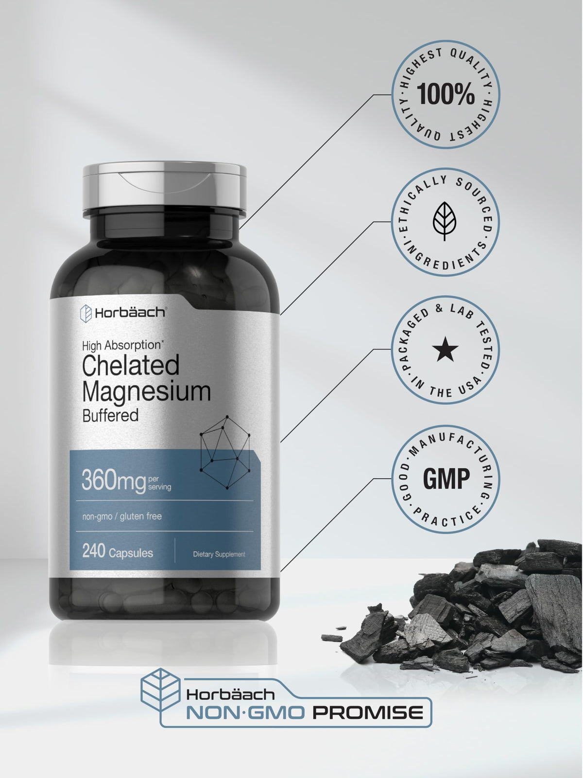 Horbäach Magnésium Chélaté 360mg 240 Capsules en main