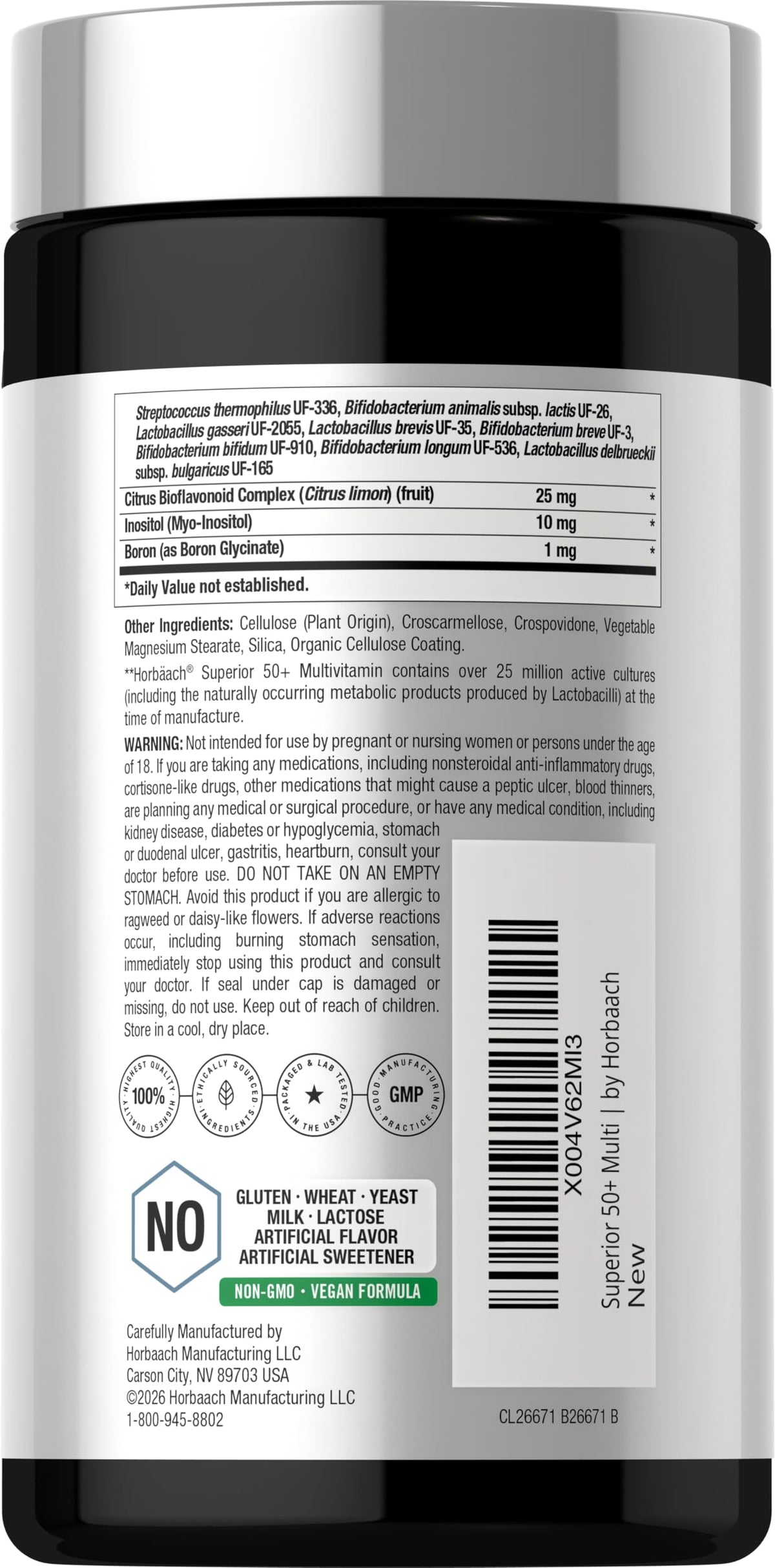 Horbäach Multivitamines 50+ ingrédients principaux sur l'emballage