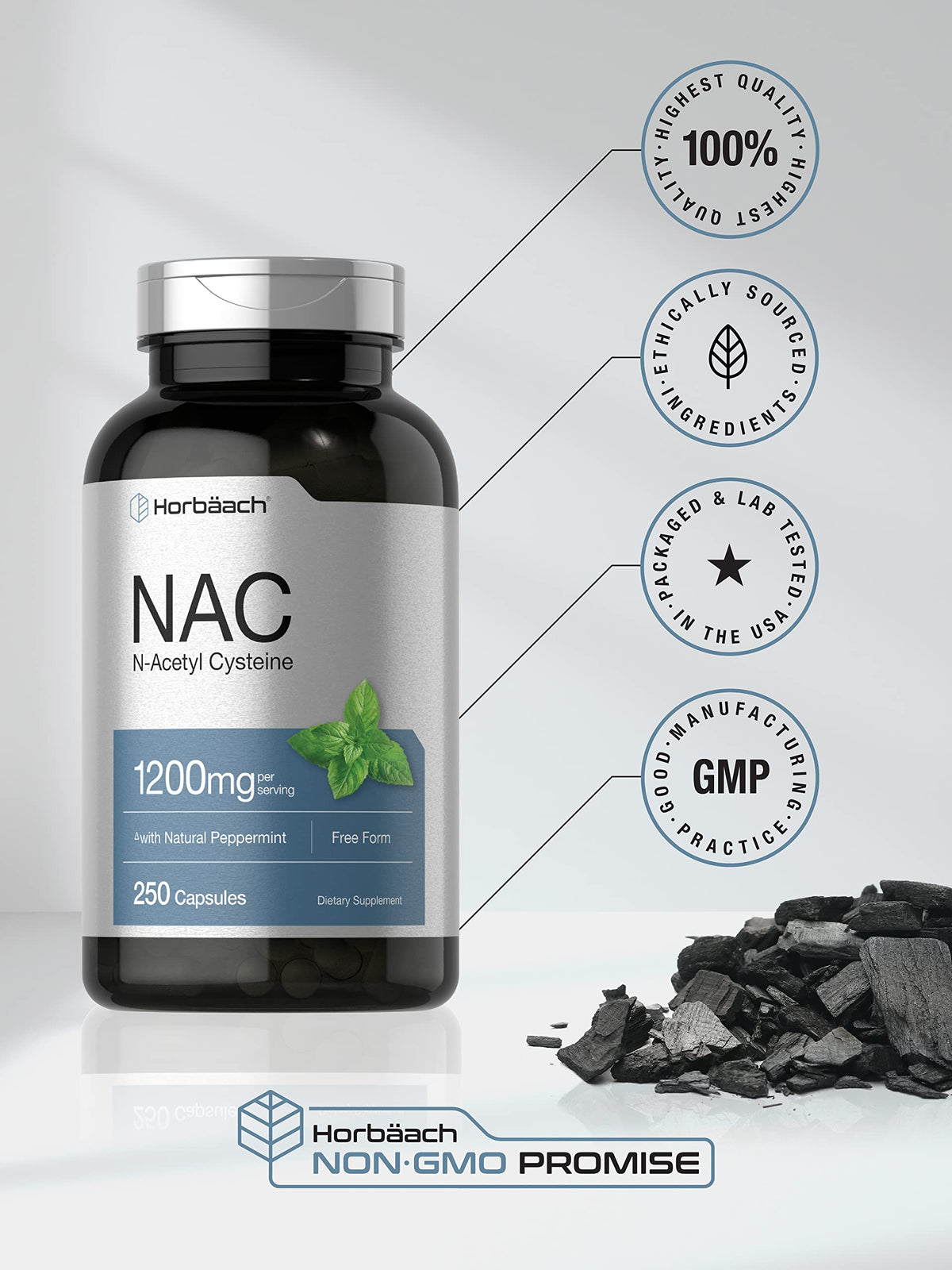 Horbäach NAC N-Acétylcystéine 1200mg gélules sur fond blanc
